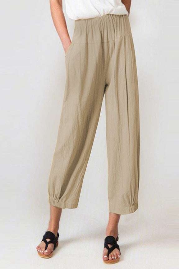High Waist Elastic Waist Loose Pants - Khaki Comfortable Wide-Leg Pants