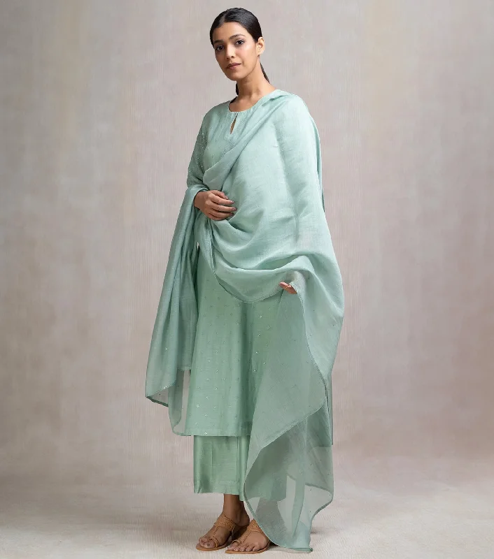 Hand Embroidered Chanderi Kurta Set with Pants & Dupatta Trendy High-Waist Trousers
