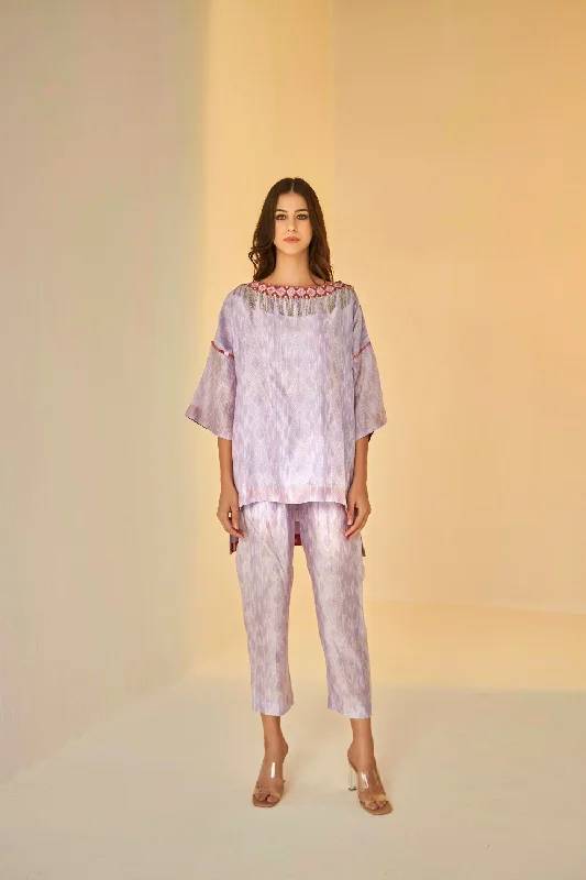 Lilac- Samarkand Boat Neck Embroidered Shibori Top And Pants Set Fashionable Tapered Leg Pants Lilac- Samarkand Boat Neck Embroidered Shibori Top And Pants Set Fashionable Tapered Leg Pants