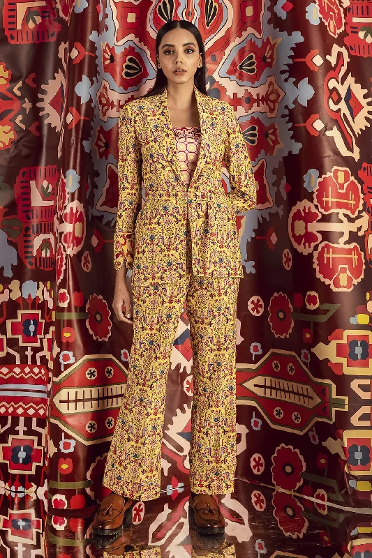 Tabriz Yellow Hand Embroidered Nori Blazer & Pants In Handloom Organic Cotton Silk Slim Fit Casual Pants