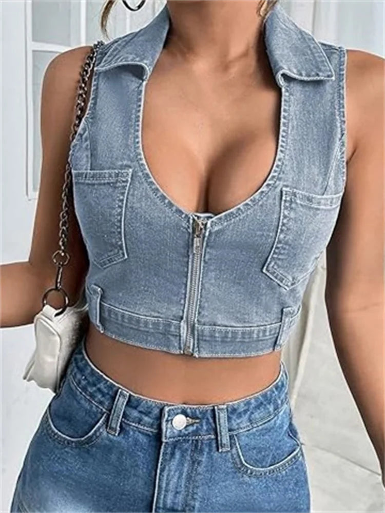 Women Cropped Sleeveless V-neck Turn-down Collar Front Zip Up Denim Mini Vest Summer Party Streetwear 2024 Crop Top Chenille Blend Fleece Blend Nylon Blend Women Cropped Sleeveless V-neck Turn-down Collar Front Zip Up Denim Mini Vest Summer Party Streetwear 2024 Crop Top Chenille Blend Fleece Blend Nylon Blend