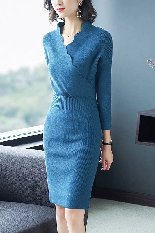 Scallop V Neck Sweater Dress Lightweight Heavyweight Midweight