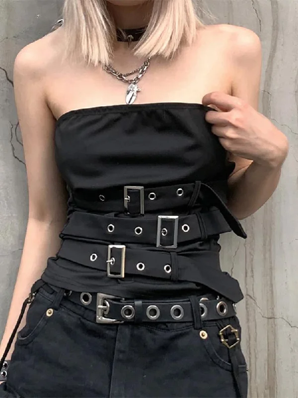 Gothic Eyelet Bandage Design Punk Black Sleeveless Crop Top Polka Dot Checkered Tartan Gothic Eyelet Bandage Design Punk Black Sleeveless Crop Top Polka Dot Checkered Tartan