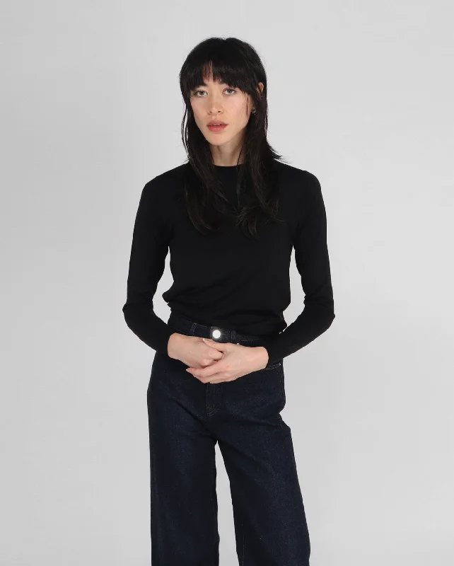 CREW NECK SWEATER / BLACK Jersey Fabric Tulle Fabric Batik Fabric