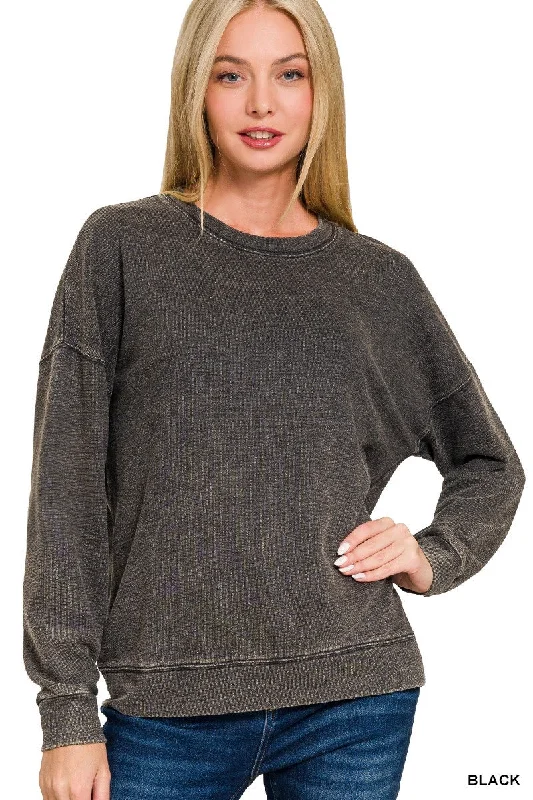 TERRY WASHED ROUND-NECK PULLOVER SWEATSHIRT in BLACK Flutter Sleeve Feminine
