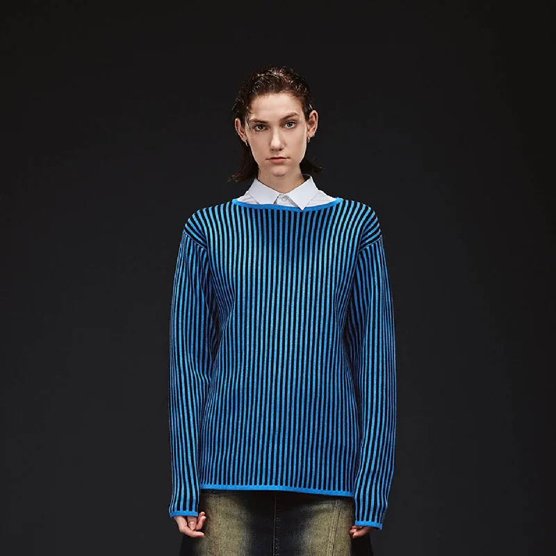 Blue Striped Knit Sweater Solid Print Embellished