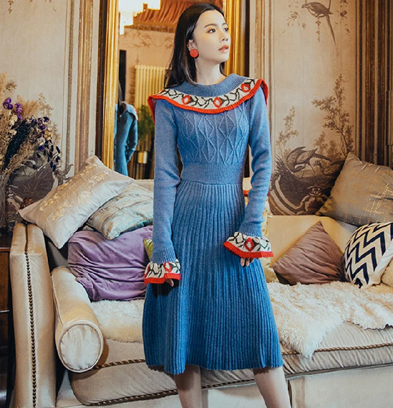 HAMALIEL Scotland Women Sweater Dress Vintage Autumn Winter Blue Printed Knitted Thick Ruffles Dress Casual Flare Sleeve Dress Notch Collar Peter Pan Collar Cowl Neck