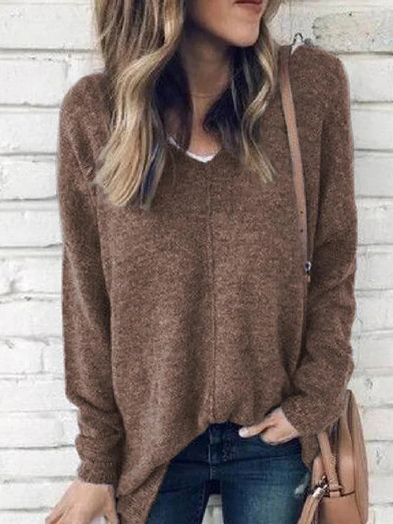 Women's Casual V-Neck Long Sleeve Pullover Top Oblong Neck Pullover