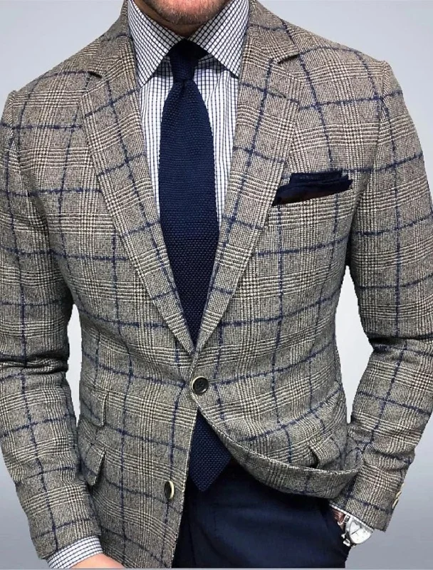 Gray Men's Tailored Fit Single Breasted Two-buttons Plaid Casual Jacket Collared Jacket Crew Neck Jacket Turtle Neck Jacket