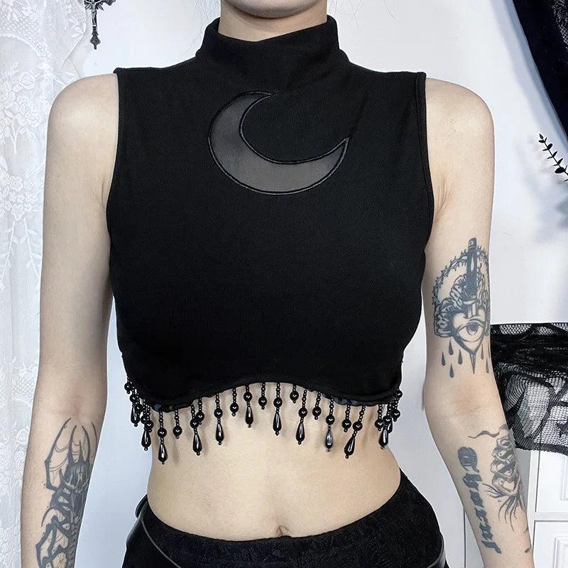 Y2K Goth Moon Lace See Through Vintage Sexy High Collar Sleeveless Tassels Crop Top Anti-Shrink Durable Soft Y2K Goth Moon Lace See Through Vintage Sexy High Collar Sleeveless Tassels Crop Top Anti-Shrink Durable Soft