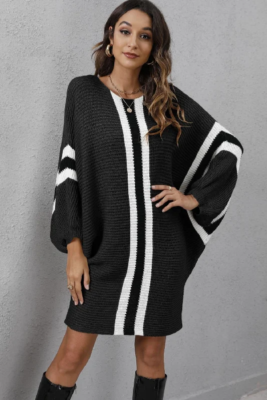 Ribbed Round Neck Long Sleeve Sweater Dress Plaid Sweater Polka Dot Checkered