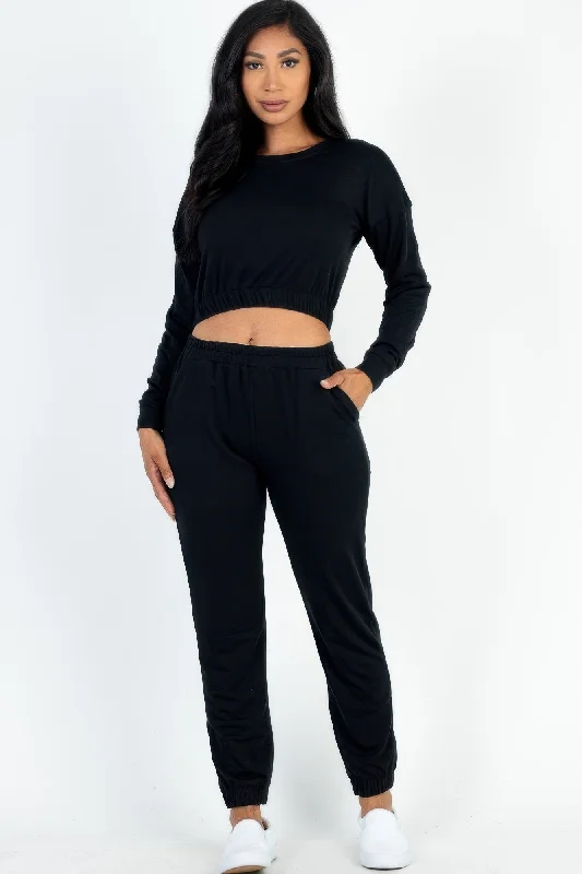 French Terry Elastic Waist Pullover & Joggers Set Faux Fur Trim