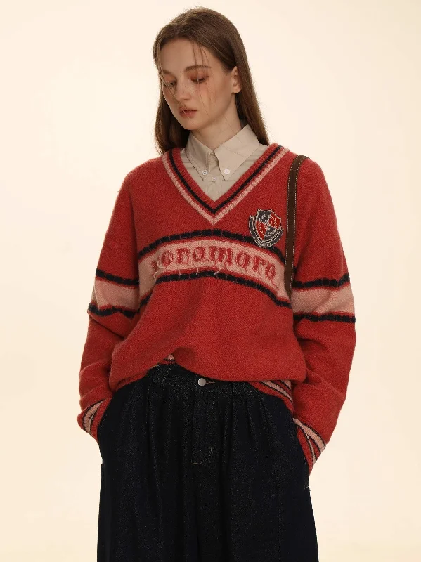 Retro Border Knit V-Neck Sweater Real Fur Shearling Chenille
