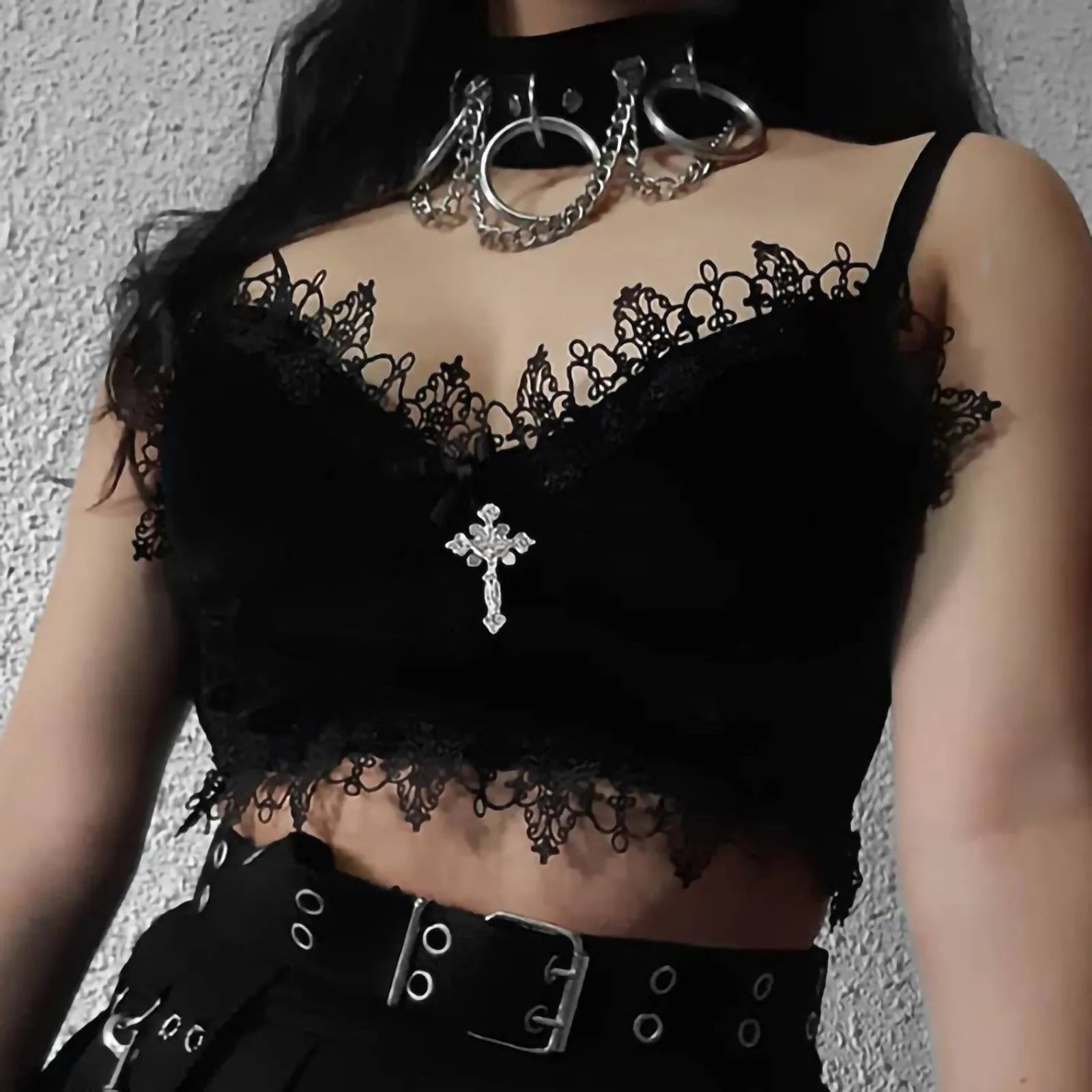 Gothic Lace Bandage Velvet Sleeveless Crop Top Welt Pockets Slit Pockets Flap Pockets Gothic Lace Bandage Velvet Sleeveless Crop Top Welt Pockets Slit Pockets Flap Pockets