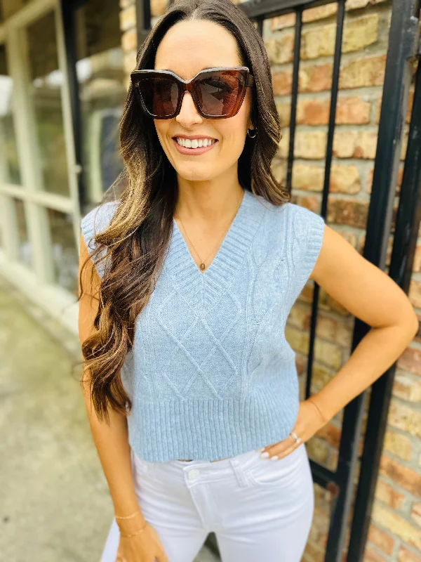Clarke Cable Knit Sweater Vest- Sky Blue Chenille Brocade Lace