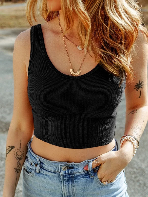 Sleeveless Black Ribbed Knit Sheath Crop Top Mesh Canvas Denim