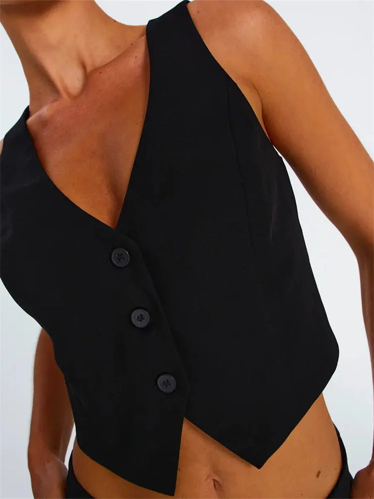 Women Sleeveless Vest Buttons Down Slim Fit Solid Color V-Neck Cropped Y2K Casual Irregular Hem Streetwear Crop Top Elegant Classic Vintage Women Sleeveless Vest Buttons Down Slim Fit Solid Color V-Neck Cropped Y2K Casual Irregular Hem Streetwear Crop Top Elegant Classic Vintage