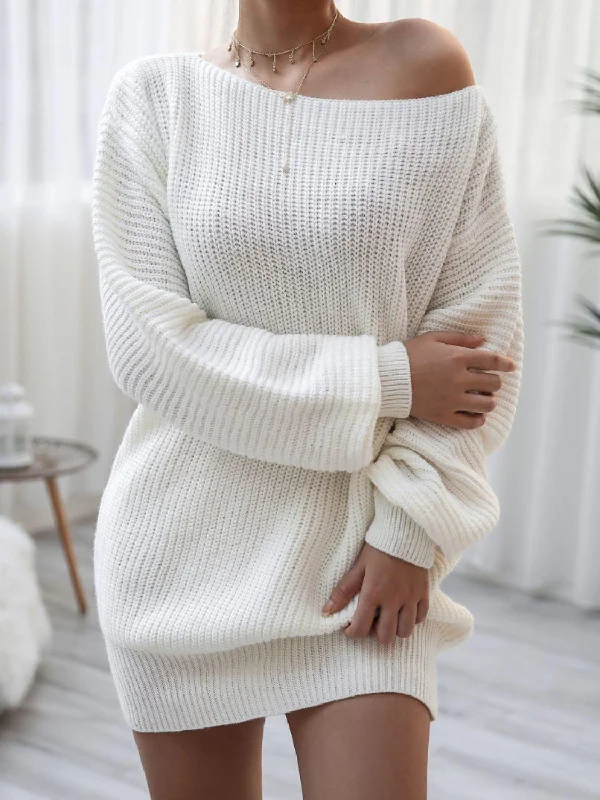 Rib-Knit Balloon Sleeve Boat Neck Sweater Mini Dress Velvet Chenille Corduroy