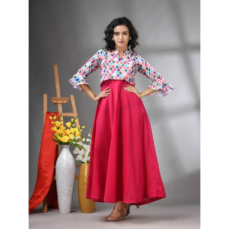 CHARUKRITI Fuchsia Cotton Solid Dress with Printed Cropped Jacket (Set of 2) Herringbone Jacket Houndstooth Jacket Plaid Jacket CHARUKRITI Fuchsia Cotton Solid Dress with Printed Cropped Jacket (Set of 2) Herringbone Jacket Houndstooth Jacket Plaid Jacket