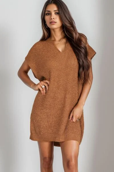 Blue Zone Planet |  Notched Cap Sleeve Mini Sweater Dress Soft Cozy Warm