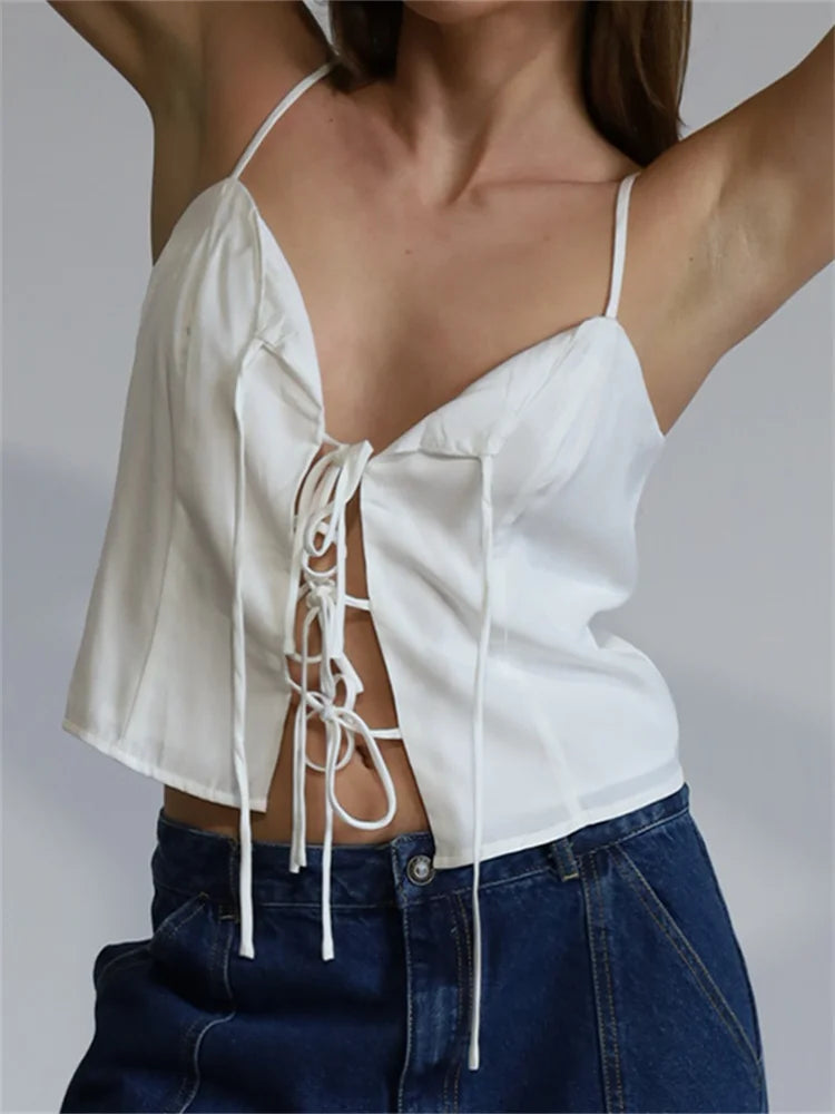 Vintage Women Front Split Tie-up Fashion Sleeveless Strap V Neck Summer Party Low Cut Mini Vest Club Crop Top Front Pockets Side Pockets Patch Pockets