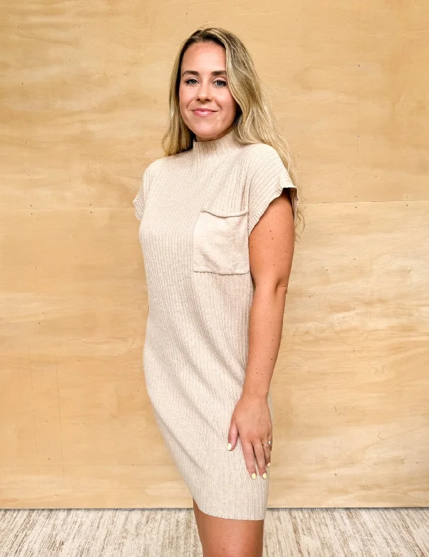 Mock Neck Sweater Dress - Taupe Ribbed Striped Patterned