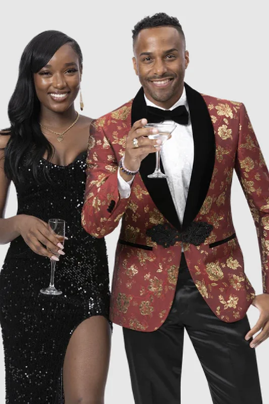 "Men's Gold & Red Paisley Tuxedo Jacket - Shiny Prom Smoking Suit" Red And Gold Prom Dress Welt Pockets Slit Pockets Flap Pockets