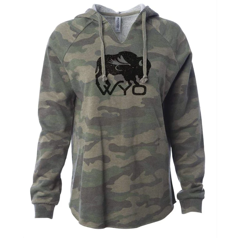 Women's Camo Wyo Fly Bison Hooded Pullover Bishop Sleeve Elegant