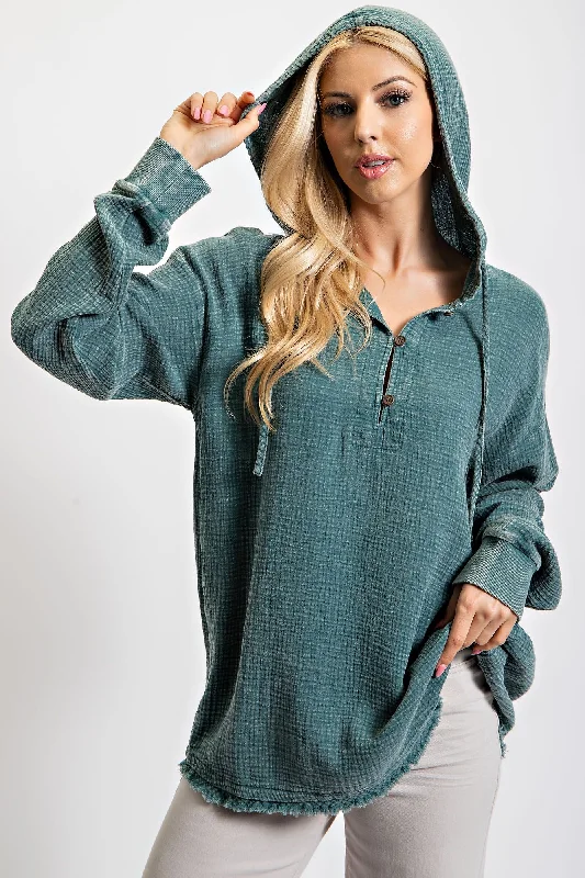 PLUS SIZE-WASHED COTTON GAUZE PULLOVER HOODIE in TEAL BLUE Saggy Sleeve Comfort