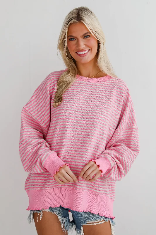 Charismatic Comfort Pink Striped Oversized Pullover Leg Sleeve Comfort