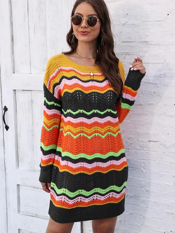 Openwork Round Neck Sweater Dress Toggled Drawstring Belted