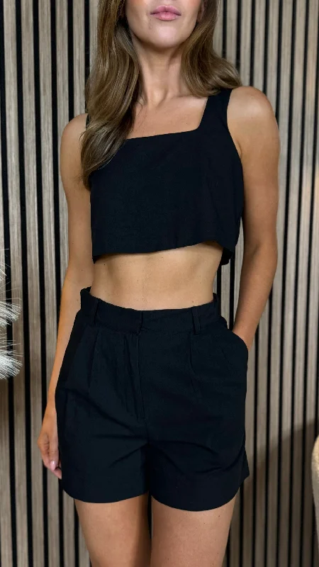 Laurie Black Shorts & Crop Top Co Ord Ribbed Striped Patterned