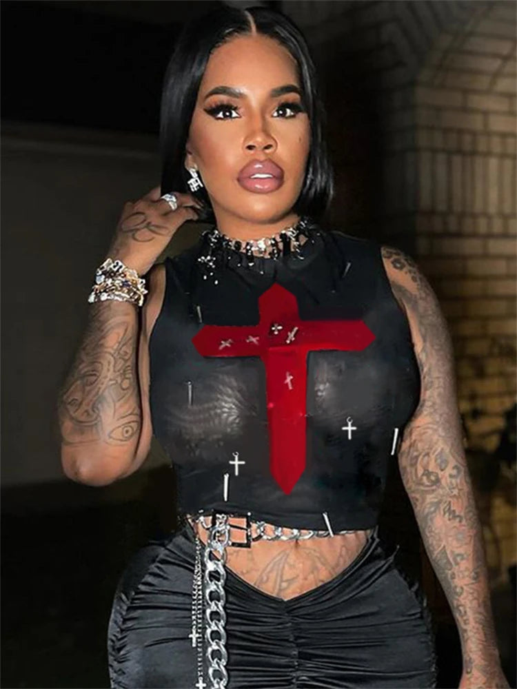 Gothic Sexy Metal Crosses Mesh See Through Crop Top Elasticated Padded Insulated