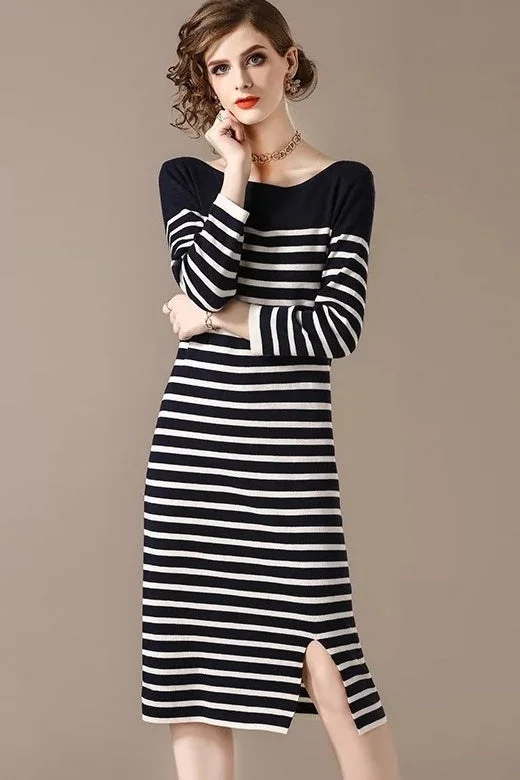 Stripe Sweater Dress Zippered Front Buttoned Front Snap Front