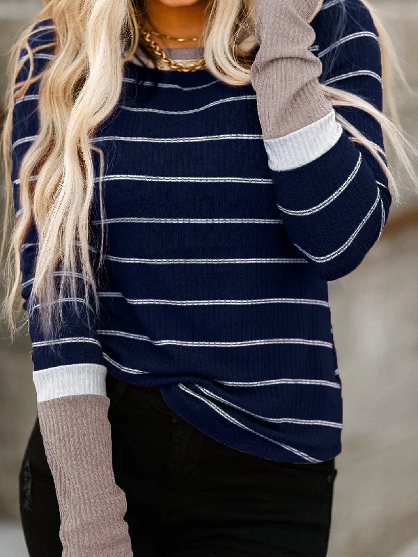 Blue Striped Rib Knit Pullover with Color Block Cuffs Open Front Cardigan