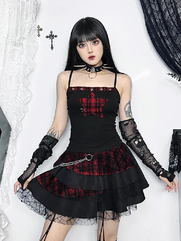 Goth Y2K Pentagram Patchwork Cyber Punk Crop Top Asymmetrical Pockets Print