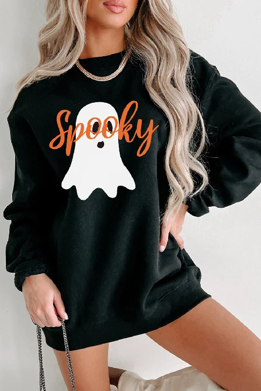 Black Halloween Spooky Ghost Print Crewneck Pullover Sweatshirt Open Neck Pullover