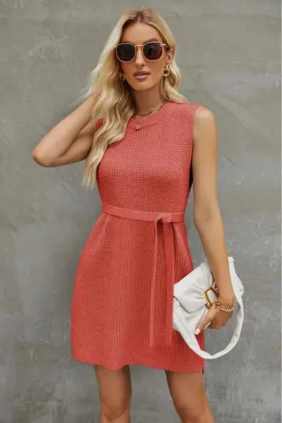 Blue Zone Planet | Tied Round Neck Sleeveless Sweater Dress Iron Safe Non-Iron Wrinkle Free Blue Zone Planet | Tied Round Neck Sleeveless Sweater Dress Iron Safe Non-Iron Wrinkle Free