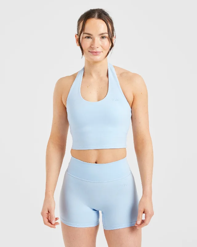 Staple Halterneck Crop Top - Pastel Blue Solid Color Striped Floral