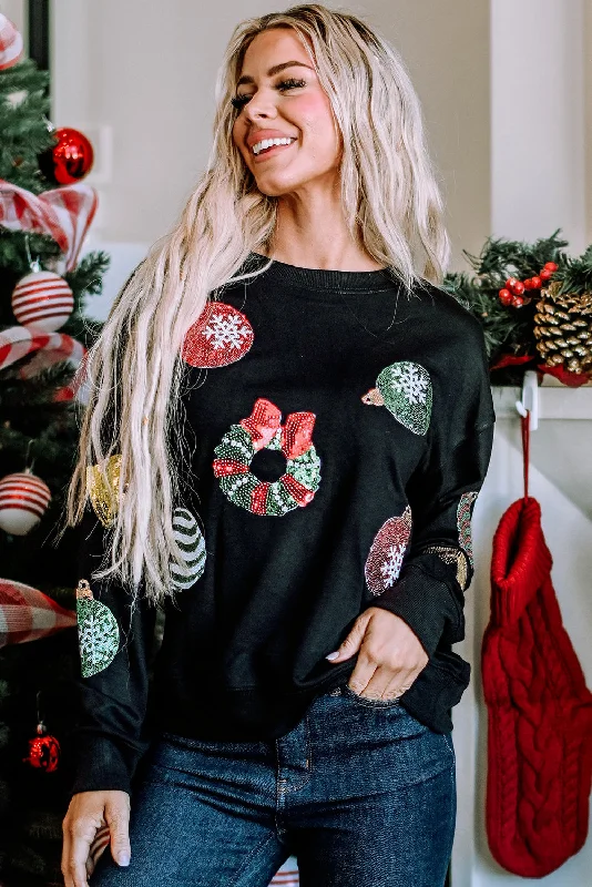 Black Sequined Christmas Graphic Pullover Sweatshirt Shawl Collar Sweater