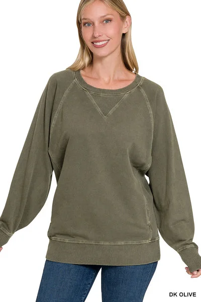 Dark Olive French Terry Pullover Boat Neck Sweater