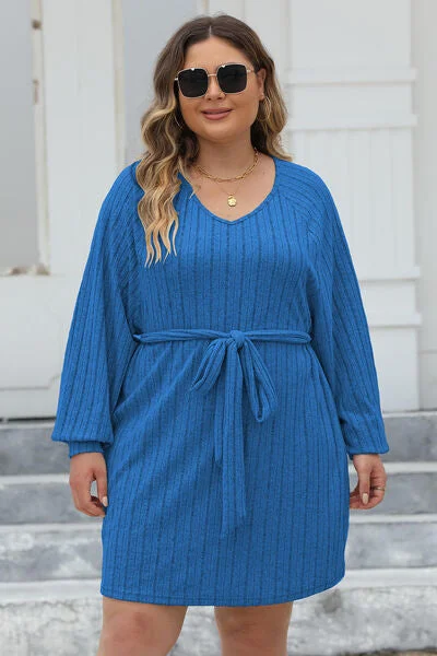 Plus Size Ribbed Tie Front Long Sleeve Sweater Dress Stylish Fashionable Trendy