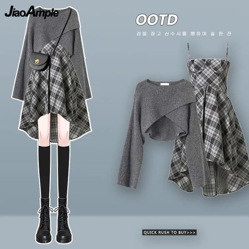 Yipinpay Women's Dress Set 2024 Spring Autumn Vintage Knitted Sweater+Plaid Suspender Skirt Two-piece Korean Chic New in Matching Suit Spandex Blend Rayon Blend Denim Blend Yipinpay Women's Dress Set 2024 Spring Autumn Vintage Knitted Sweater+Plaid Suspender Skirt Two-piece Korean Chic New in Matching Suit Spandex Blend Rayon Blend Denim Blend