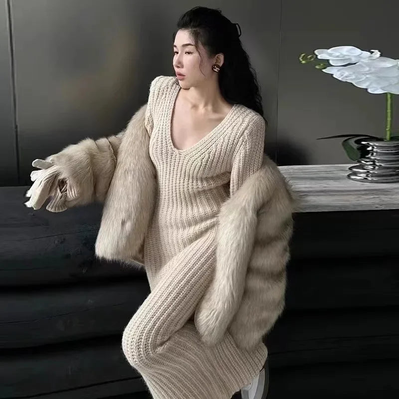 Yipinpay Knitted Dress for Women Vestidos De Mujer Elegantes Long Casual Solid Color V Neck Black Sweater Dress Y2k Vintage Dress Graphic Sweater Embroidered Appliqued