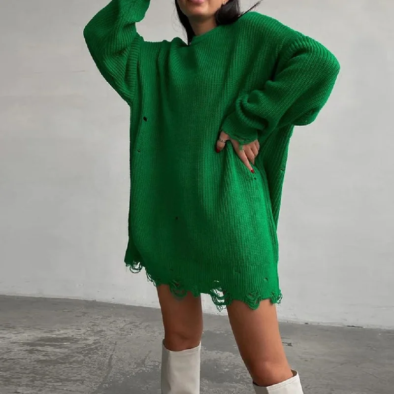 Distressed Trim Pullover Sweater Modern Mini Dress - Black Slit Sleeve Stylish