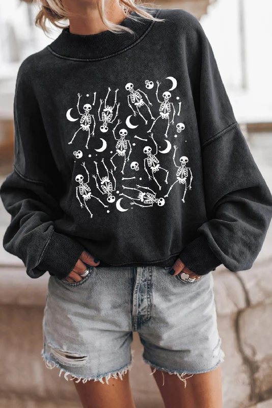 Black Halloween Skeleton Print Drop Sleeve Pullover Sweatshirt One Shoulder Top