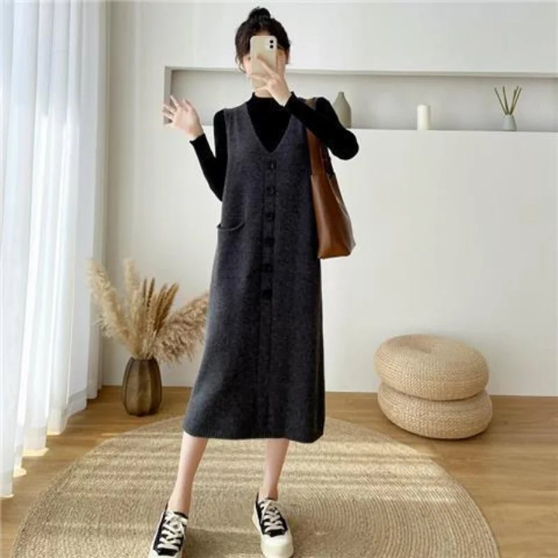 Yipinpay length knitted vest skirt new loose and V-neck sweater 2024 Spring and Autumn Sweater Women Tank Top Dress Vest Female Tops Stretchy Elastic Breathable