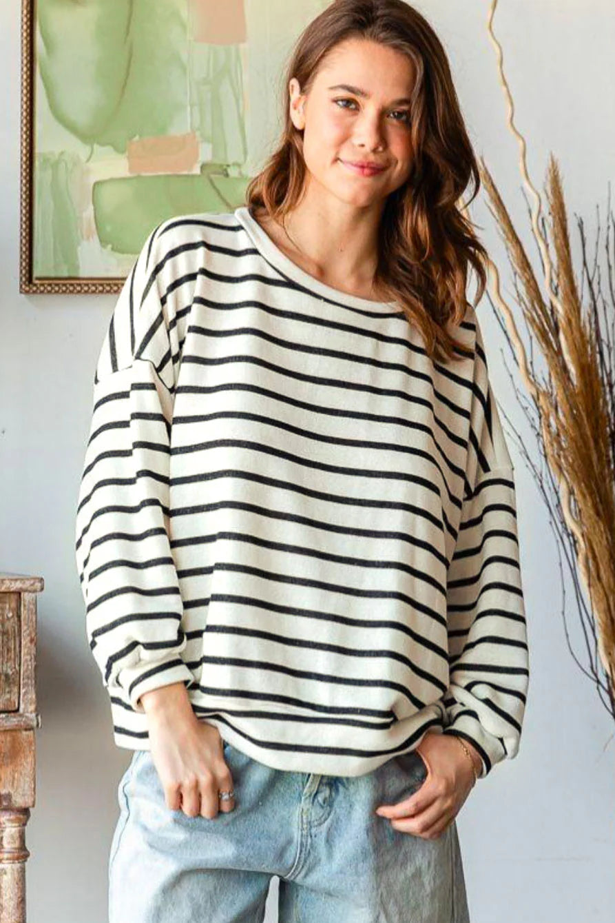 Plus Oatmeal French Terry Stripe Pullover Scalloped Neck Pullover