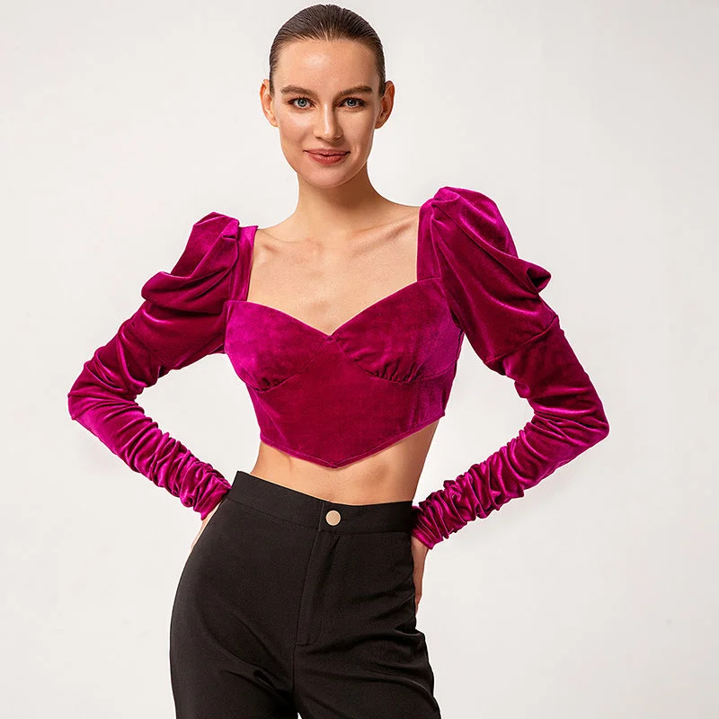 Pointed Hem Puff Sleeve Velvet Crop Top Jersey Fabric Tulle Fabric Batik Fabric