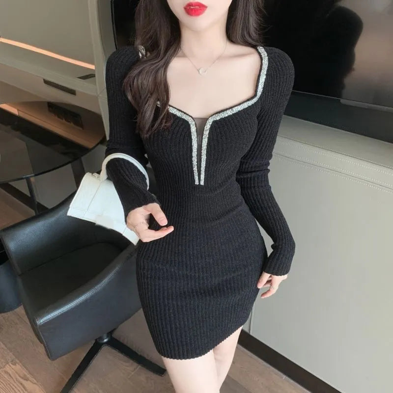 Yipinpay Wrap Hip Short Square Collar Sweater Dress Bodycon Slim 2023 Winter Black Knitted Dress Robe Gentle Vestidos Mujer Chenille Fabric Brocade Fabric Lace Fabric Yipinpay Wrap Hip Short Square Collar Sweater Dress Bodycon Slim 2023 Winter Black Knitted Dress Robe Gentle Vestidos Mujer Chenille Fabric Brocade Fabric Lace Fabric